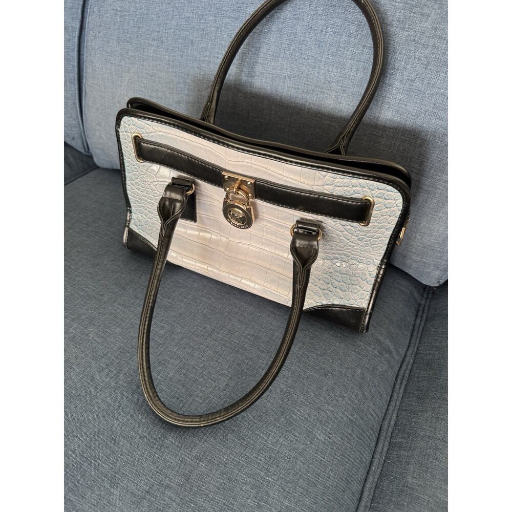 Michael Kors Hamilton Lt Blue Croc Embossed Satchel Bag Black Handles